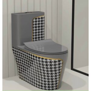 Bồn Cầu 1 Khối  Xám Họa Tiết Caro Viền Vàng SD-C9262