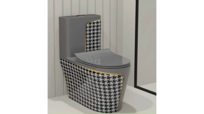Bồn Cầu 1 Khối  Xám Họa Tiết Caro Viền Vàng SD-C9262